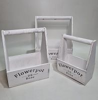 Кашпо деревянное Flowerpot de Rose. Набор 3в1. Цвет белый, крашенный под старину.